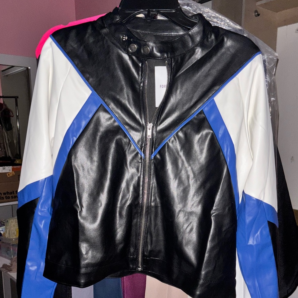 Cropped Colorblock Leather Jacket